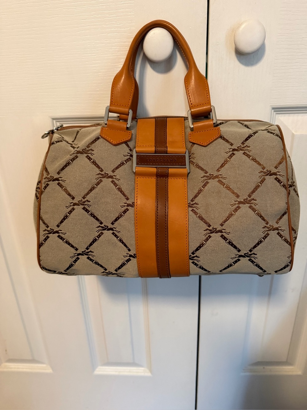 Longchamp Beige & Tan Canvas Top-Handle Bag